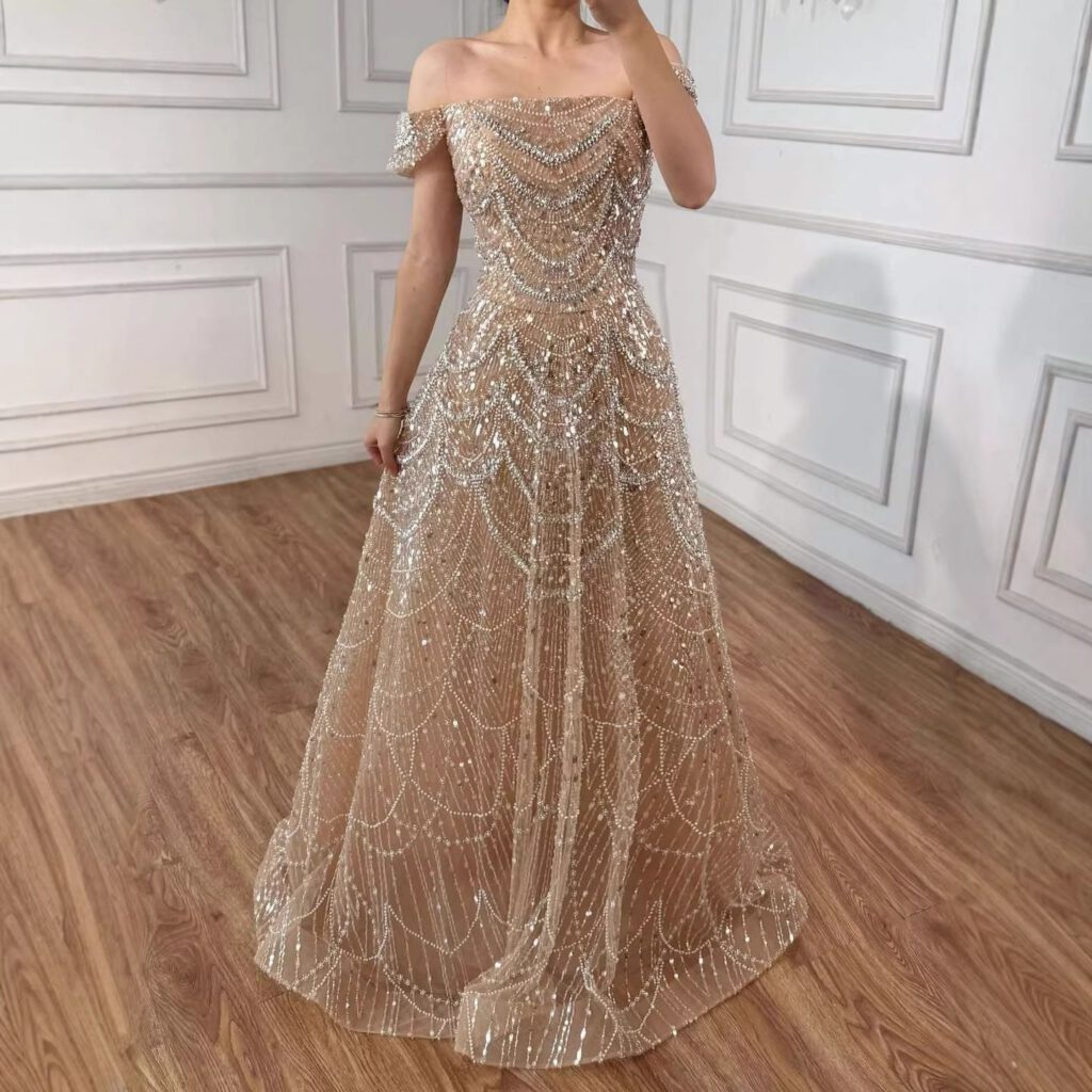 Nove Dress فستان سهرة نود قصة A-line مطرز مكشوف الكتفين