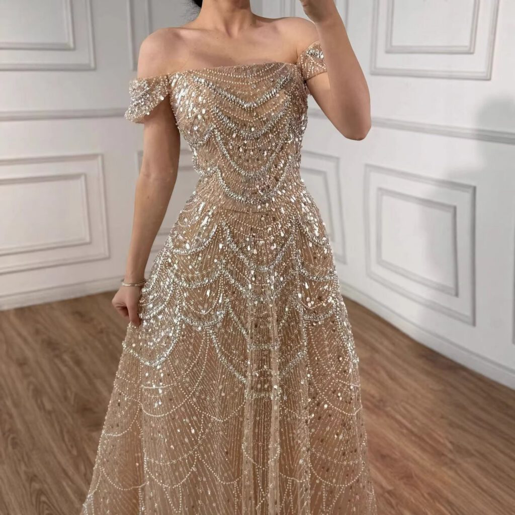 Nove Dress فستان سهرة نود قصة A-line مطرز مكشوف الكتفين