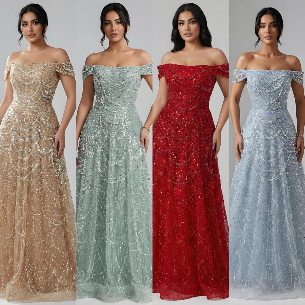 Nove Dress فستان سهرة نود قصة A-line مطرز مكشوف الكتفين