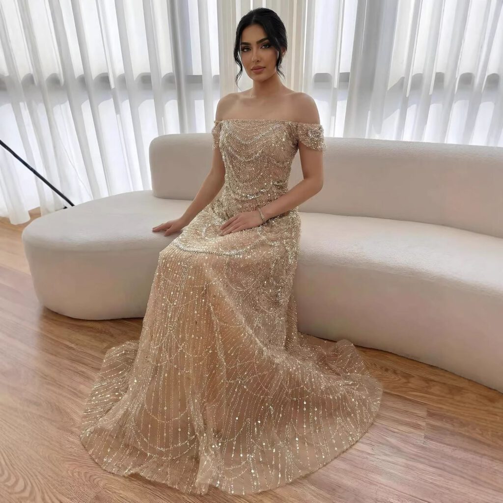 Nove Dress فستان سهرة نود قصة A-line مطرز مكشوف الكتفين