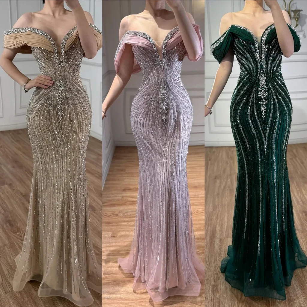 Nove Dress Nude Beaded Off Shoulder Mermaid Arabic Evening Dress