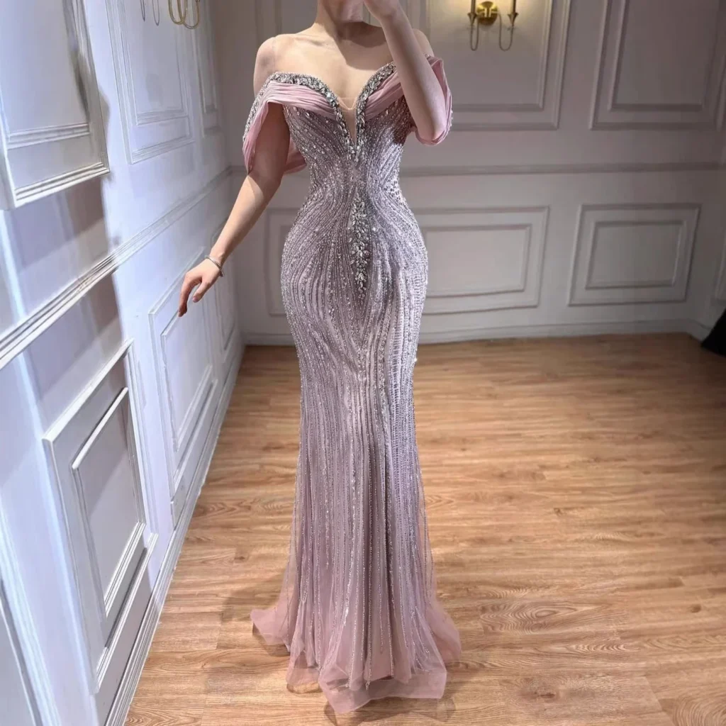 Nove Dress Nude Beaded Off Shoulder Mermaid Arabic Evening Dress