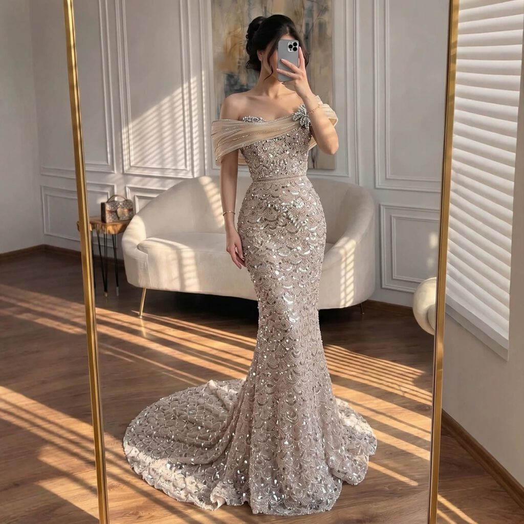 Nove Dress nude Meerjungfrau Abendkleid mit Perlenstickerei und schulterfreiem Schnitt