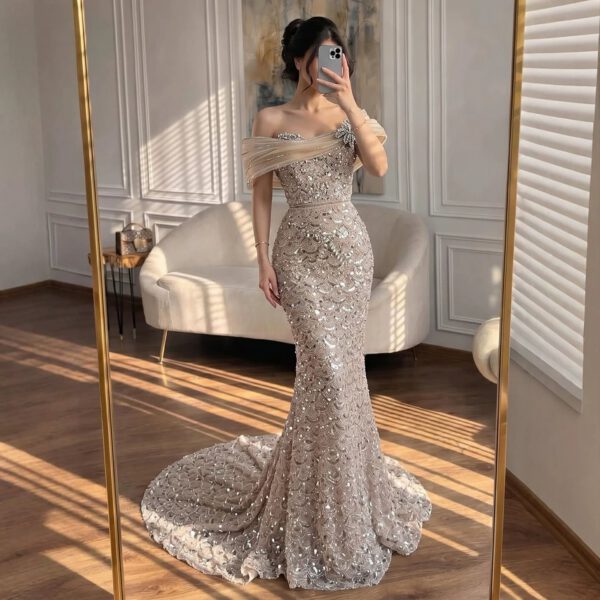 Nove Dress Nude Beaded Off Shoulder Mermaid Evening Dress - Style LA73365A 1 - Nove Dress