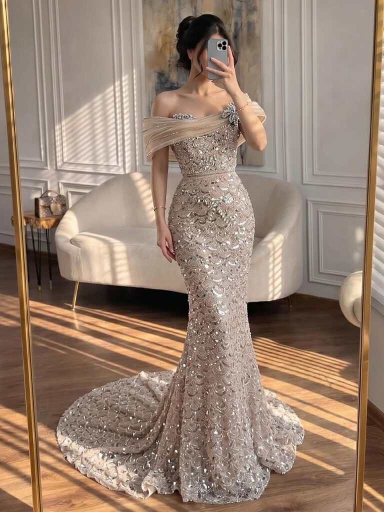 Nove Dress nude Meerjungfrau Abendkleid mit Perlenstickerei und schulterfreiem Schnitt