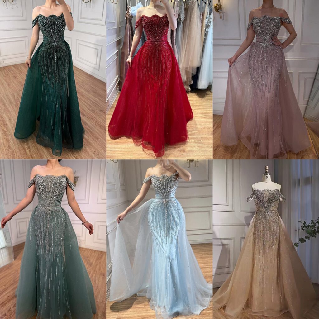 Nove Dress nude Meerjungfrau Abendkleid mit Perlenstickerei und schulterfreiem Schnitt