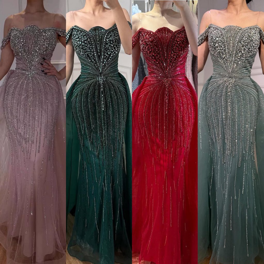 Nove Dress nude Meerjungfrau Abendkleid mit Perlenstickerei und schulterfreiem Schnitt
