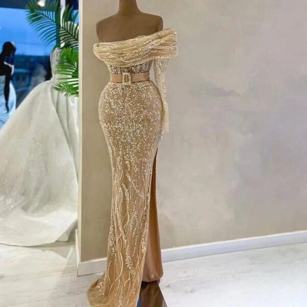 Nove Dress Nude Beaded One Shoulder Mermaid Arabic Evening Dress - Style LA72161 1 - Nove Dress