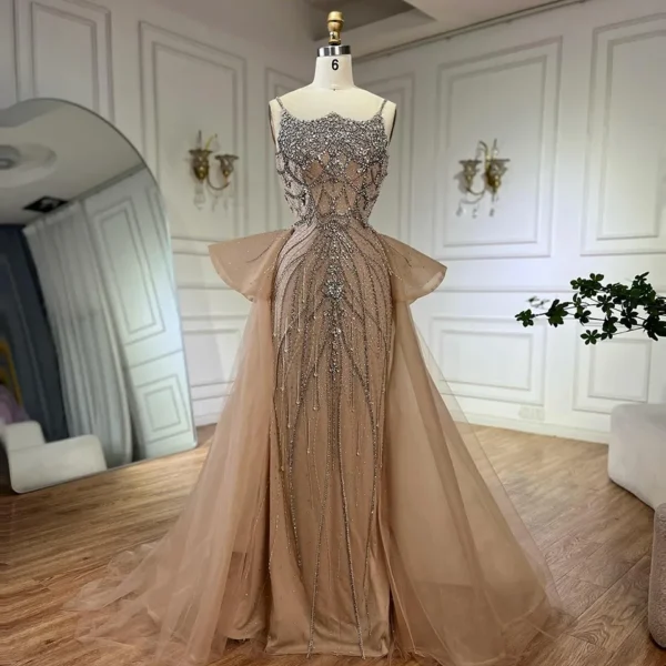 Nove Dress Nude Beaded Overskirt Arabic Evening Dress 1 - Nove Dress