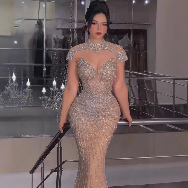 Nove Dress Nude Beaded Overskirt High Neck Mermaid Evening Dress 1 - Nove Dress