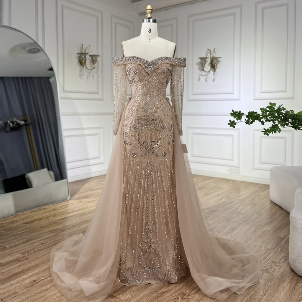 Nove Dress Nude Beaded Overskirt Mermaid Evening Dress - Style