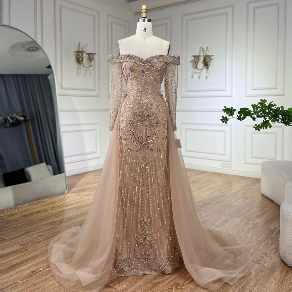 Nove Dress Nude Beaded Overskirt Mermaid Evening Dress - Style