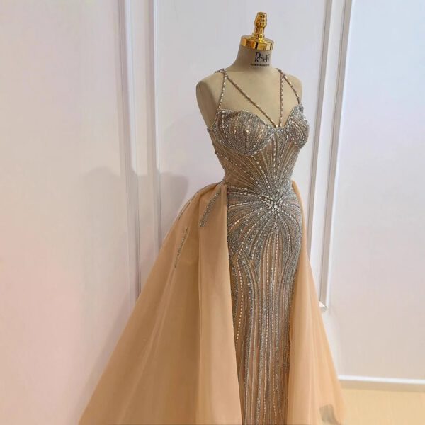 Nove Dress Nude Beaded Overskirt Mermaid Evening Dress - Style LA73090 1 - Nove Dress