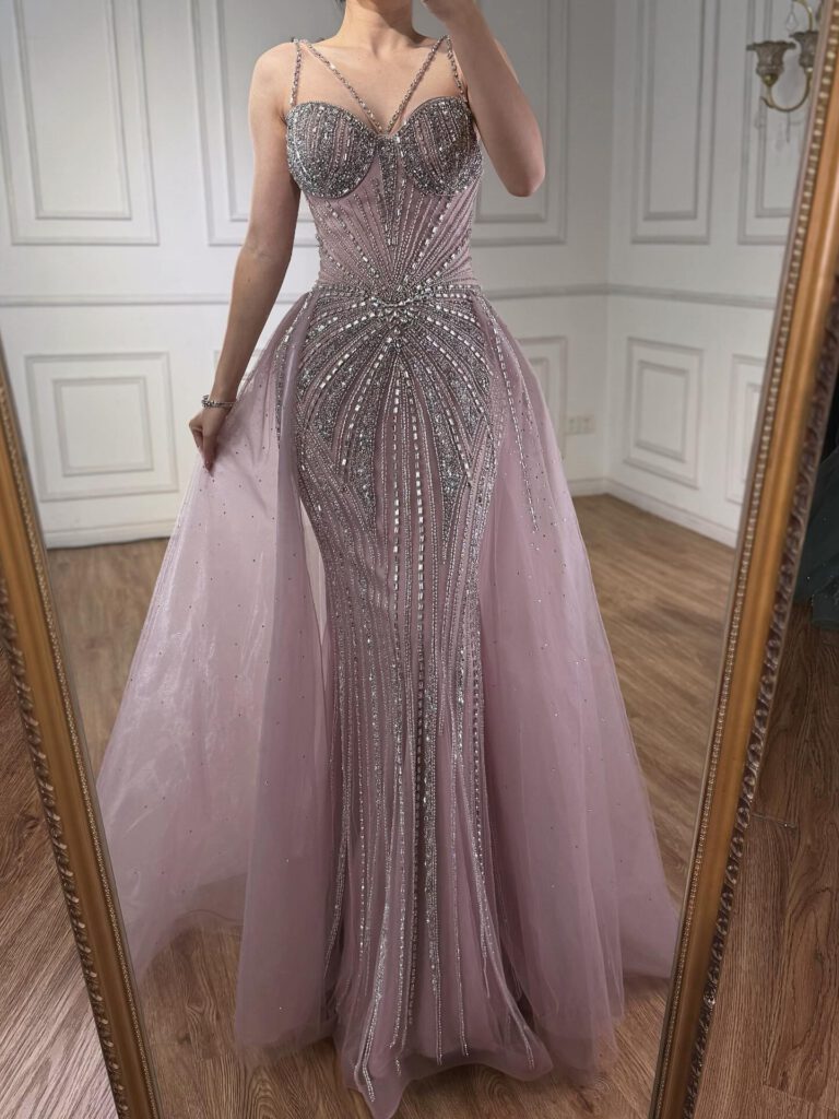 Nove Dress Nude Beaded Overskirt Mermaid Evening Dress - Style