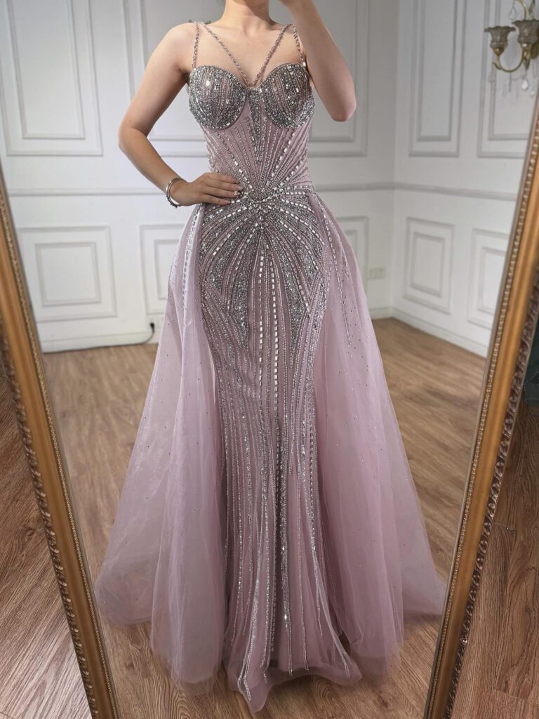 Nove Dress Nude Beaded Overskirt Mermaid Evening Dress - Style