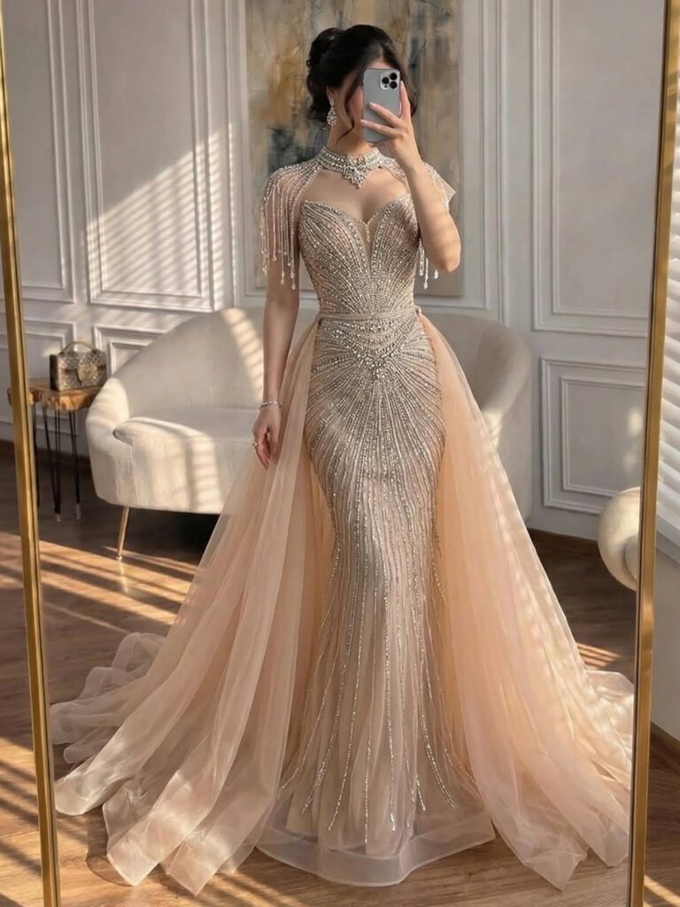 Nove Dress Nude Beaded Overskirt Mermaid Evening Dress - Style