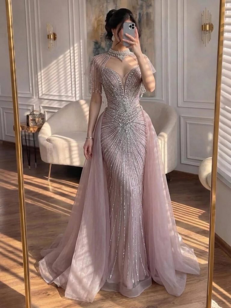Nove Dress Nude Beaded Overskirt Mermaid Evening Dress - Style