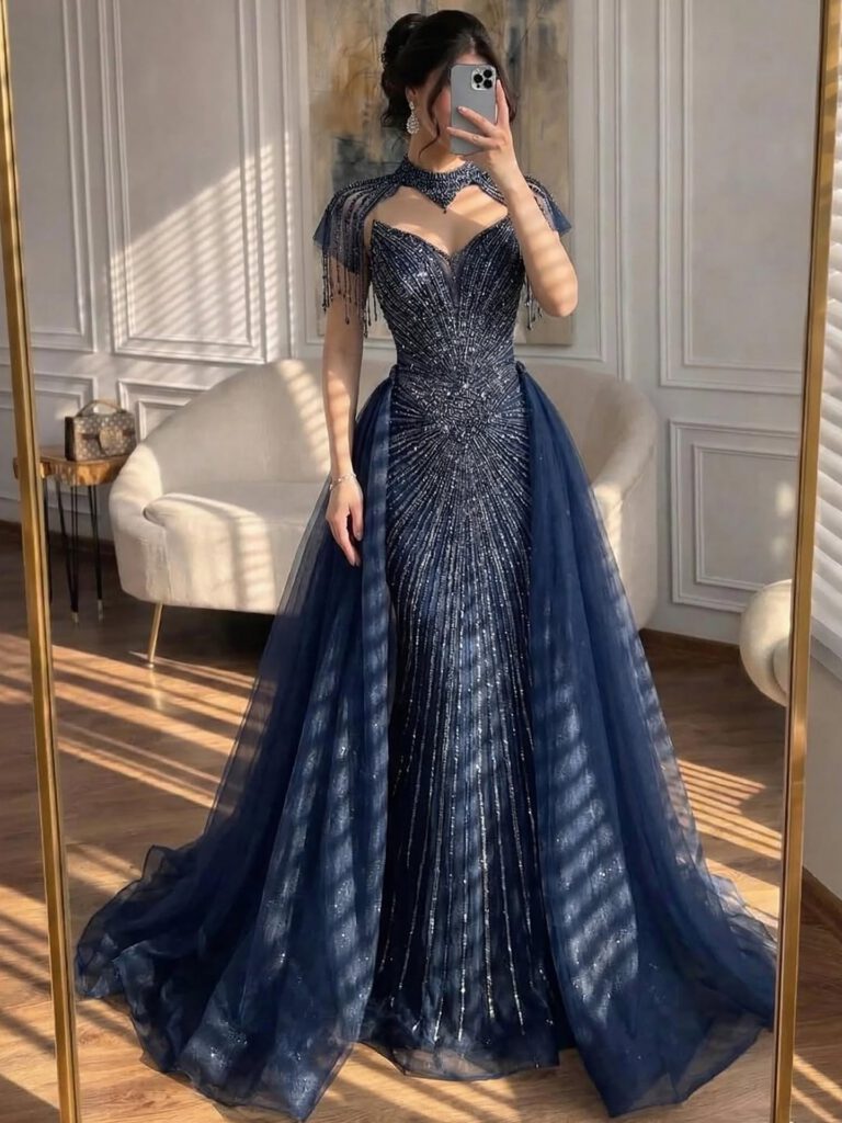 Nove Dress Nude Beaded Overskirt Mermaid Evening Dress - Style
