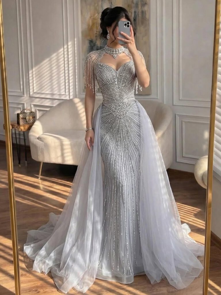 Nove Dress Nude Beaded Overskirt Mermaid Evening Dress - Style