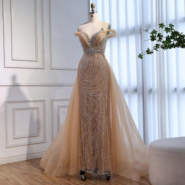 Nove Dress Nude Beaded Overskirt Off Shoulder Mermaid Evening Dress 1 - Nove Dress