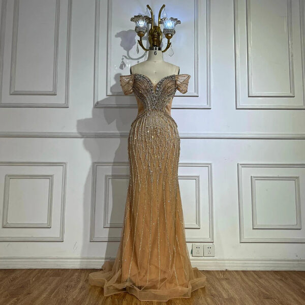 Nove Dress Nude Beaded Tulle Off Shoulder Mermaid Arabic Evening Dress 1 - Nove Dress