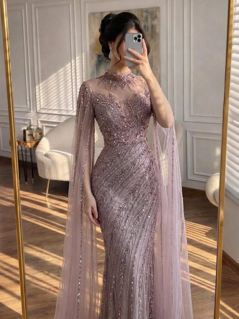 Nove Dress فستان سهرة نود حورية البحر أكمام كيب محتشم