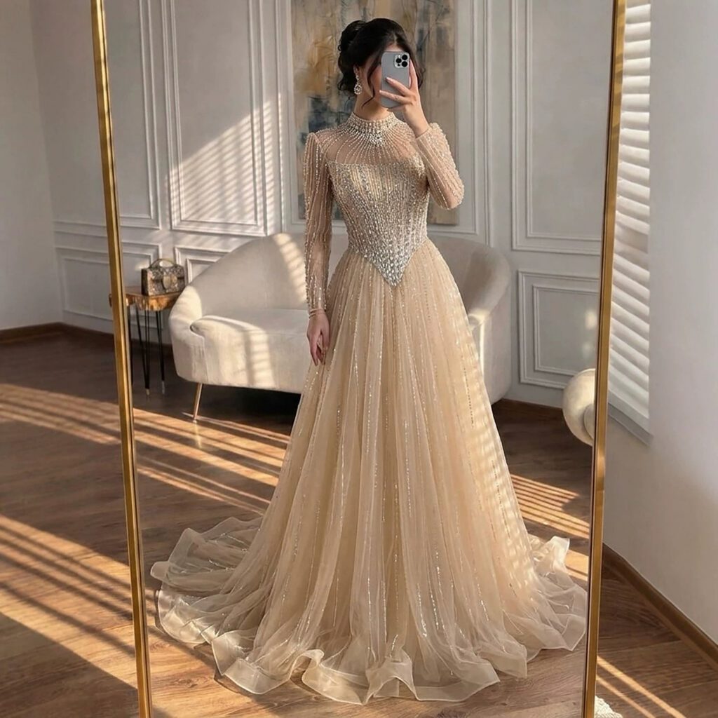 Nove Dress Nude Crystal Beaded A-Line Evening Dress
