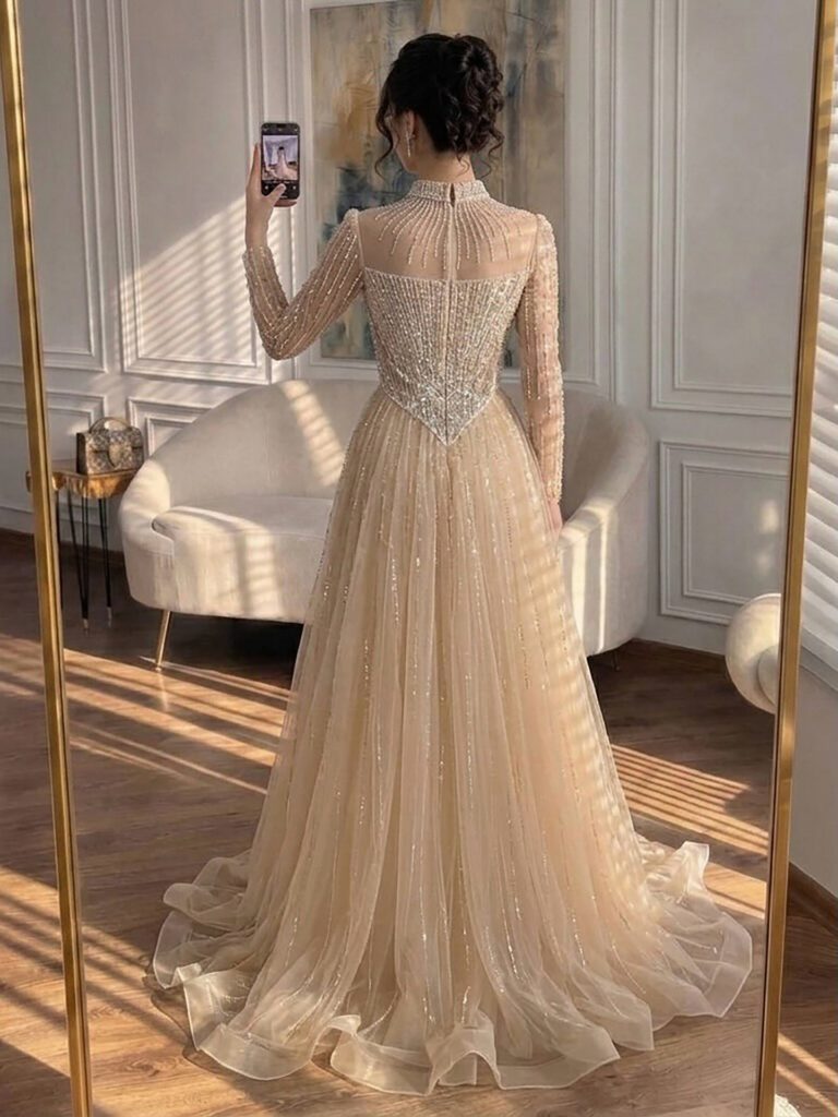 Nove Dress Nude Crystal Beaded A-Line Evening Dress