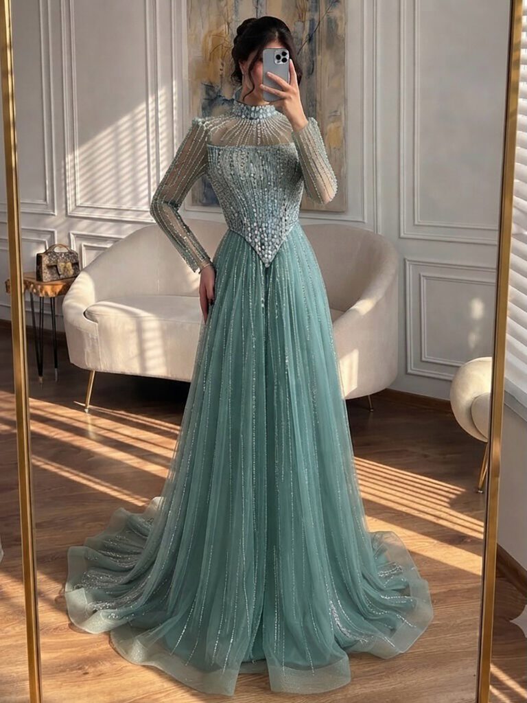 Nove Dress Nude Crystal Beaded A-Line Evening Dress