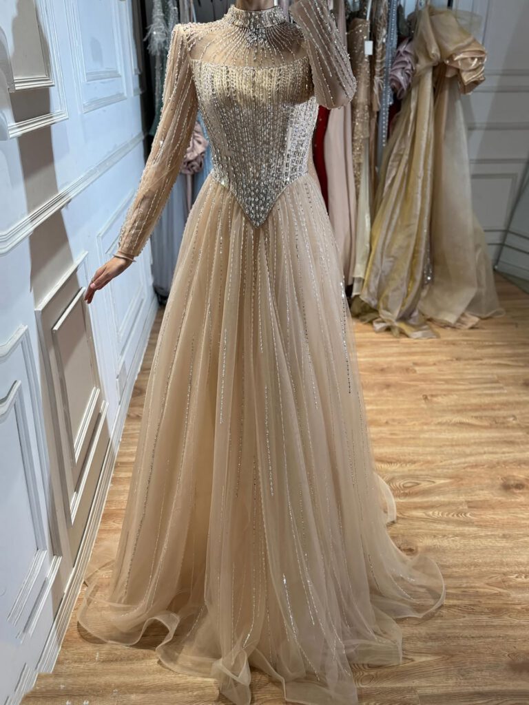 Nove Dress Nude Crystal Beaded A-Line Evening Dress