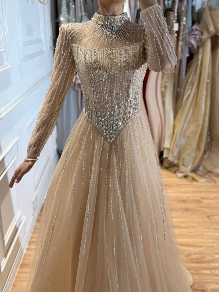 Nove Dress Nude Crystal Beaded A-Line Evening Dress