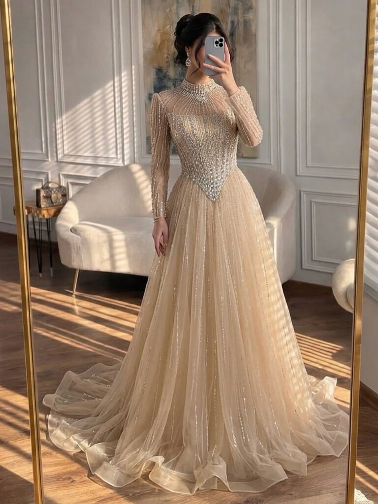 Nove Dress Nude Crystal Beaded A-Line Evening Dress