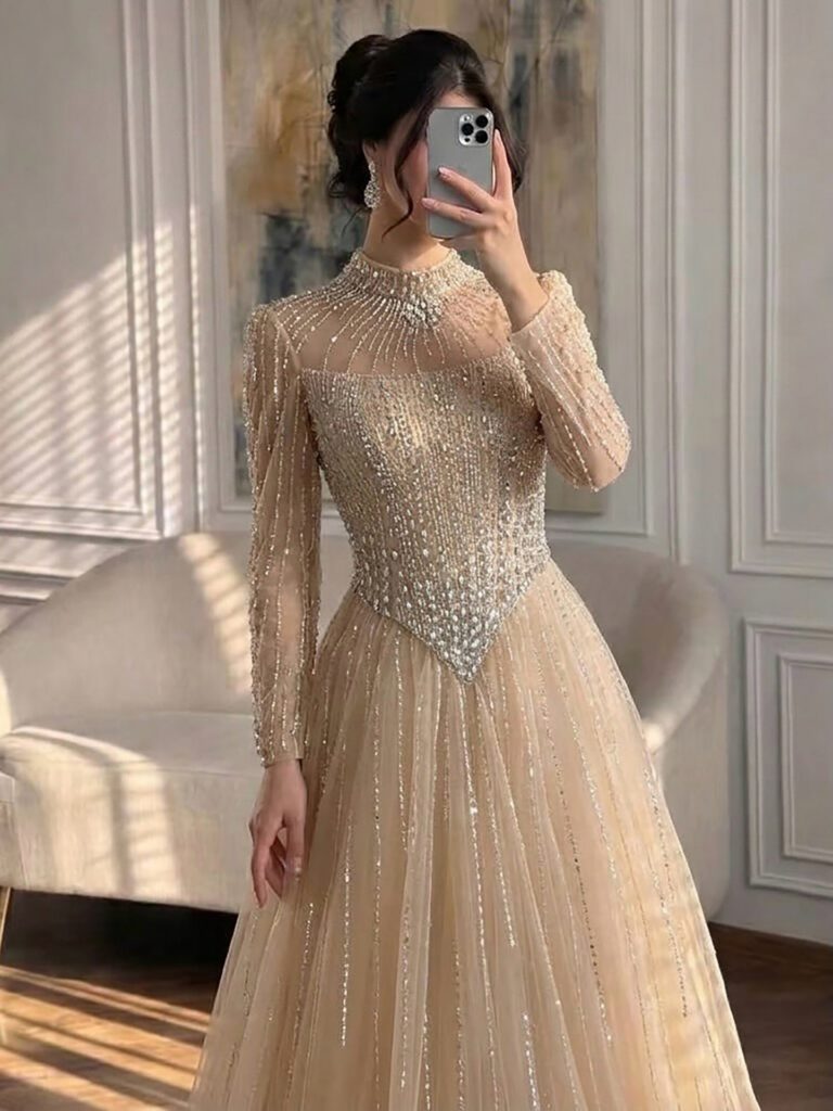 Nove Dress Nude Crystal Beaded A-Line Evening Dress