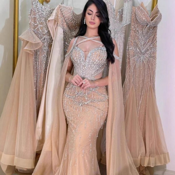 Nove Dress Nude Crystal Beaded Cape Sleeve Evening Dress 1 - Nove Dress