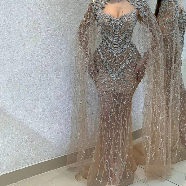 Nove Dress Nude Crystal Beaded Cape Sleeve Overskirt Evening Dress 1 - Nove Dress