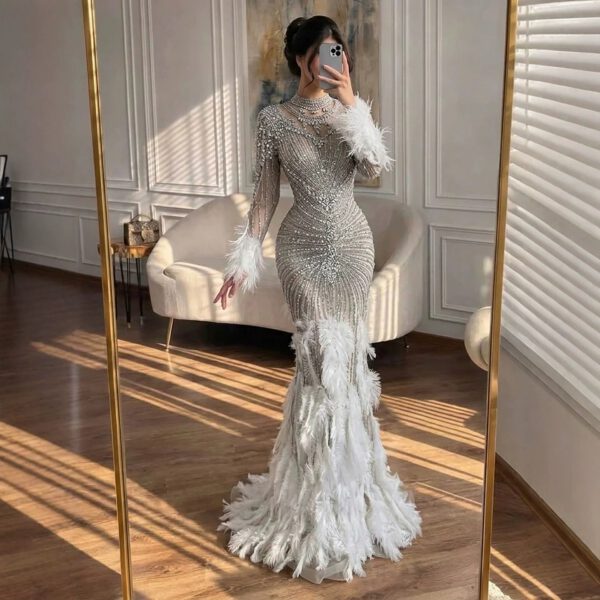 Nove Dress Nude Crystal Beaded Feather Mermaid Evening Dress 1 - Nove Dress