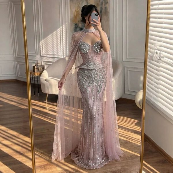 Nove Dress Nude Crystal Beaded High Neck Mermaid Evening Dress 1 - Nove Dress