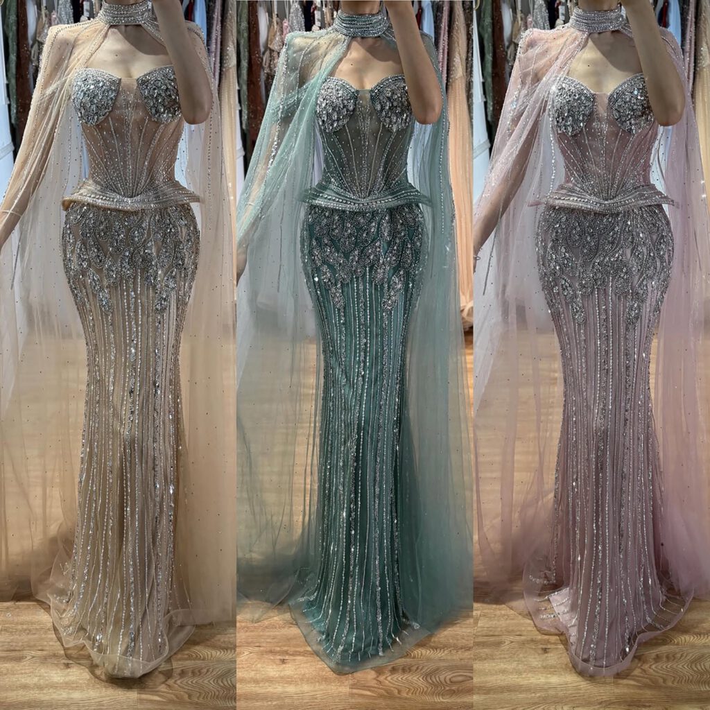Nove Dress nude Meerjungfrau Abendkleid mit Kristallbesatz und hochgeschlossen