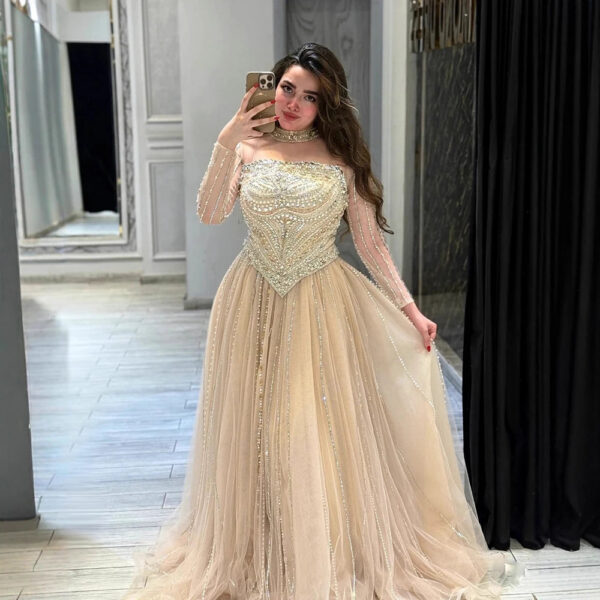 Nove Dress Nude Crystal Beaded Long Sleeve A-Line Evening Dress 1 - Nove Dress