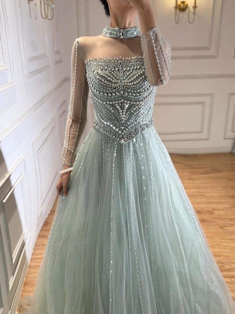 Nove Dress فستان سهرة نود قصة A-line مطعم بالكريستال أكمام طويلة