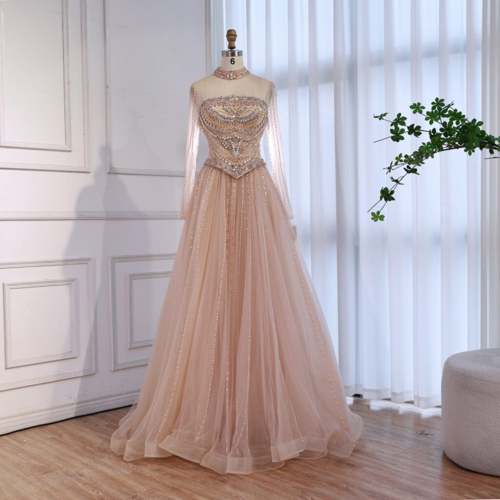 Nove Dress فستان سهرة نود قصة A-line مطعم بالكريستال أكمام طويلة