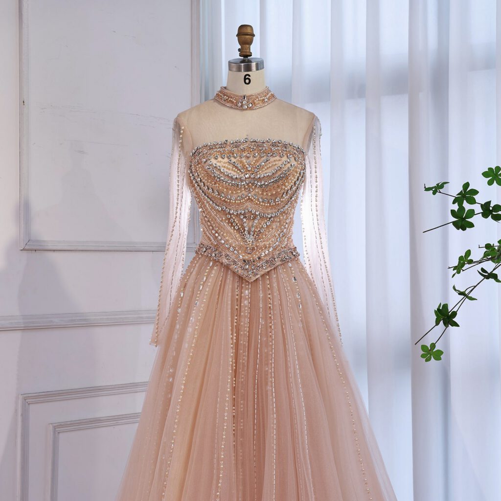 Nove Dress فستان سهرة نود قصة A-line مطعم بالكريستال أكمام طويلة