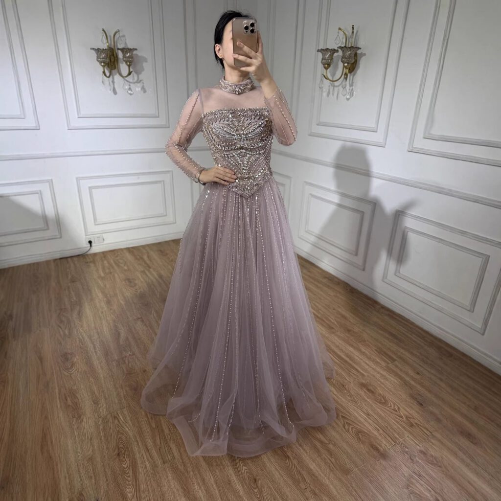 Nove Dress فستان سهرة نود قصة A-line مطعم بالكريستال أكمام طويلة