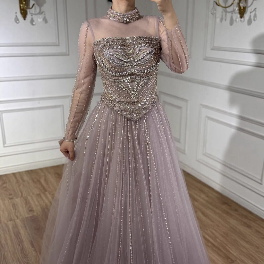 Nove Dress فستان سهرة نود قصة A-line مطعم بالكريستال أكمام طويلة