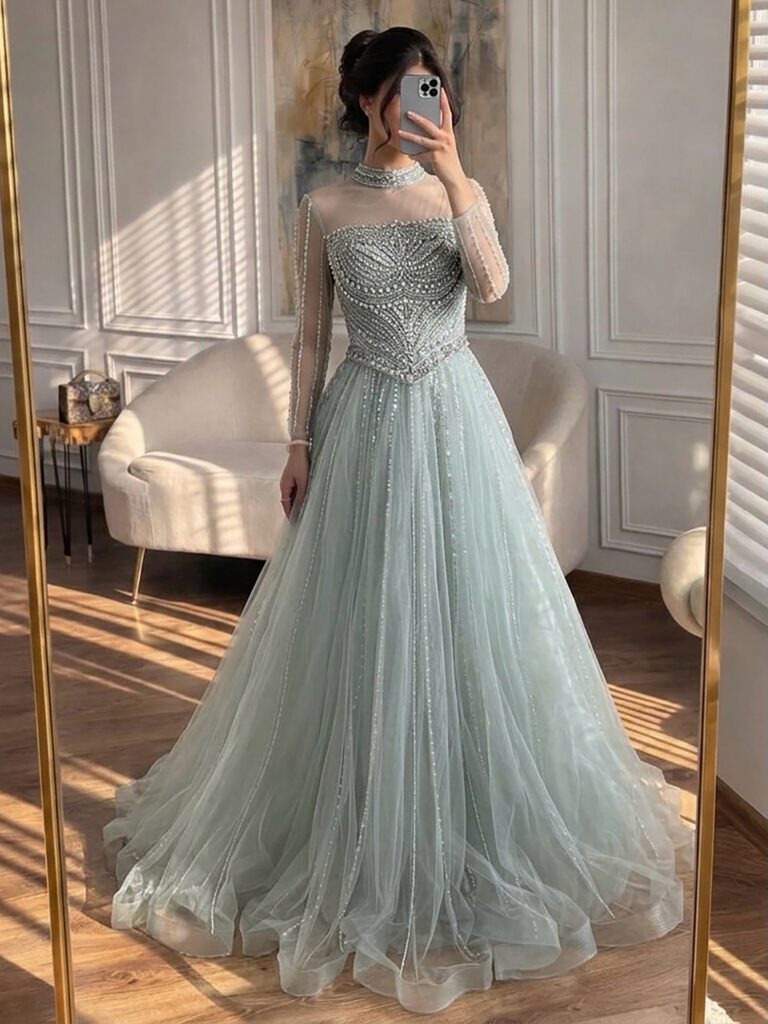 Nove Dress فستان سهرة نود قصة A-line مطعم بالكريستال أكمام طويلة
