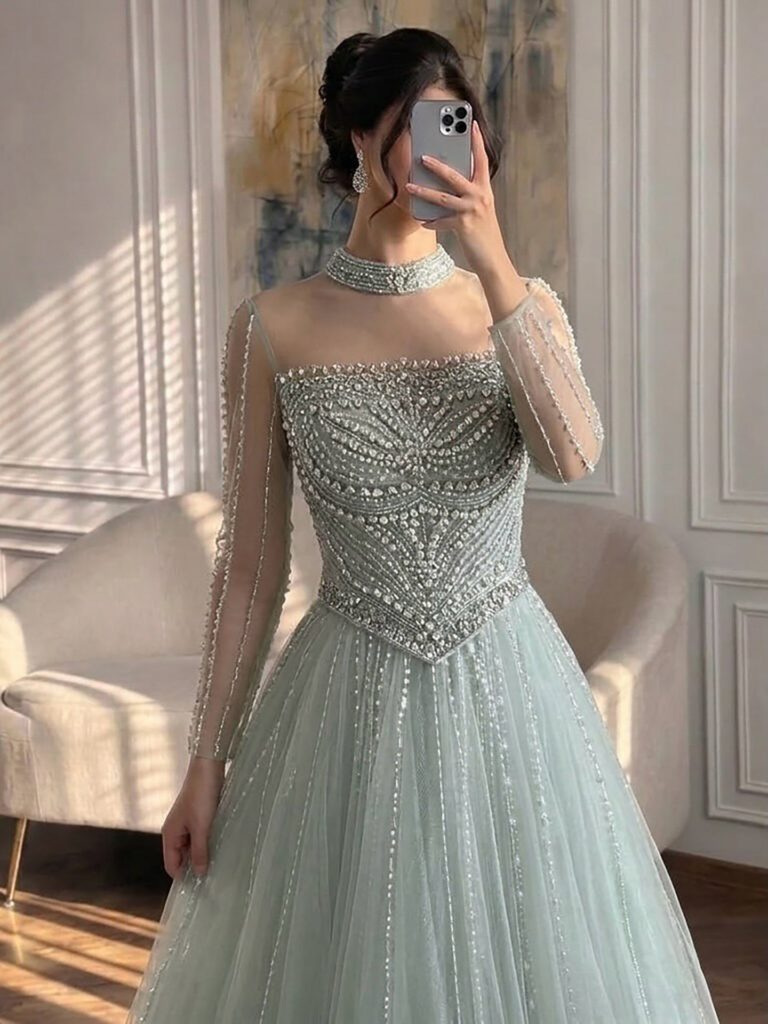 Nove Dress فستان سهرة نود قصة A-line مطعم بالكريستال أكمام طويلة