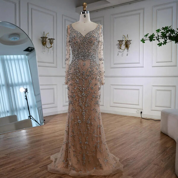 Nove Dress Nude Crystal Beaded Long Sleeve Evening Dress - Style LA73042 1 - Nove Dress