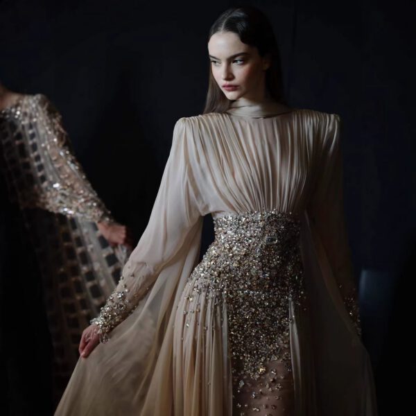 Nove Dress Nude Crystal Beaded Long Sleeve Evening Dress - Style LA73598 1 - Nove Dress