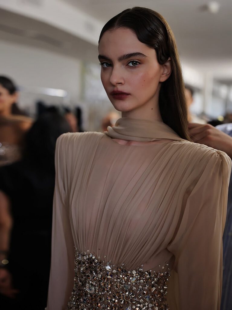 Nove Dress nude Abendkleid mit Kristallbesatz und langen Ärmeln