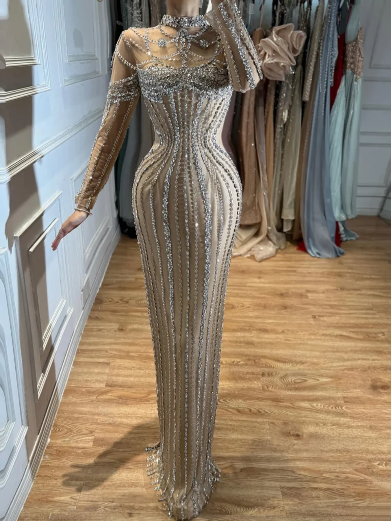 Nove Dress Nude Crystal Beaded Long Sleeve High Neck Mermaid Prom Evening Dress